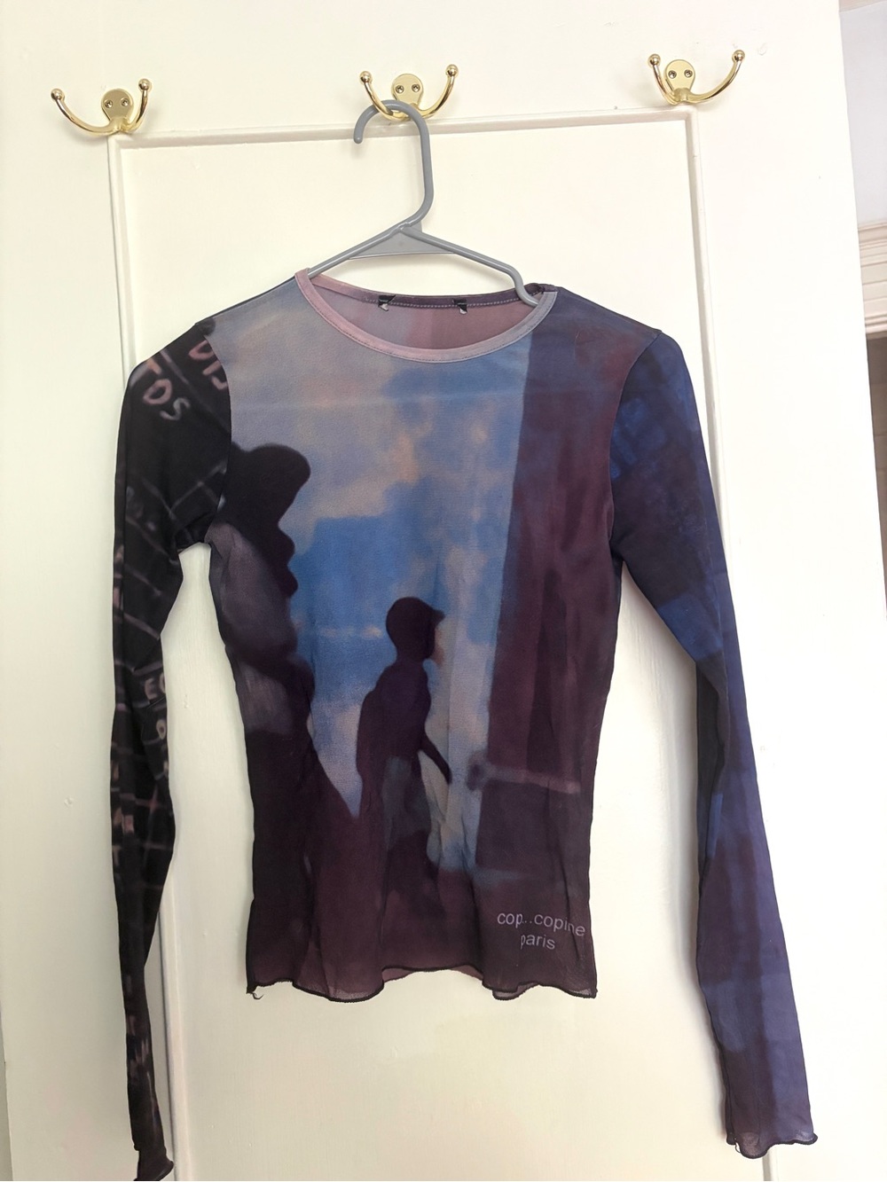 Cop.Copine Sheer Long-Sleeve Printed Top in Blue and Purple